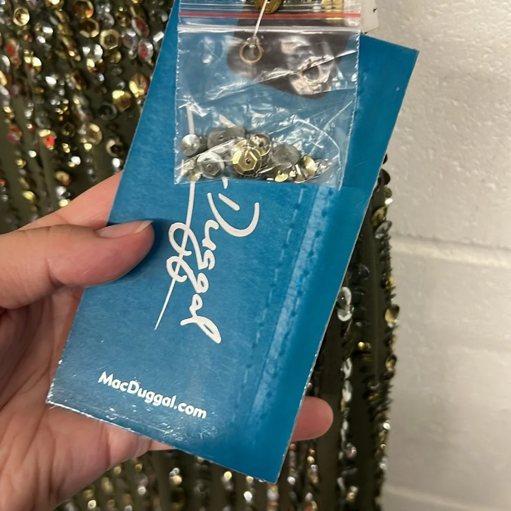 NWT Mac Duggal Size 10 Olive Green Sequined High Neck Sleeveless Column Gown - Picture 6 of 10